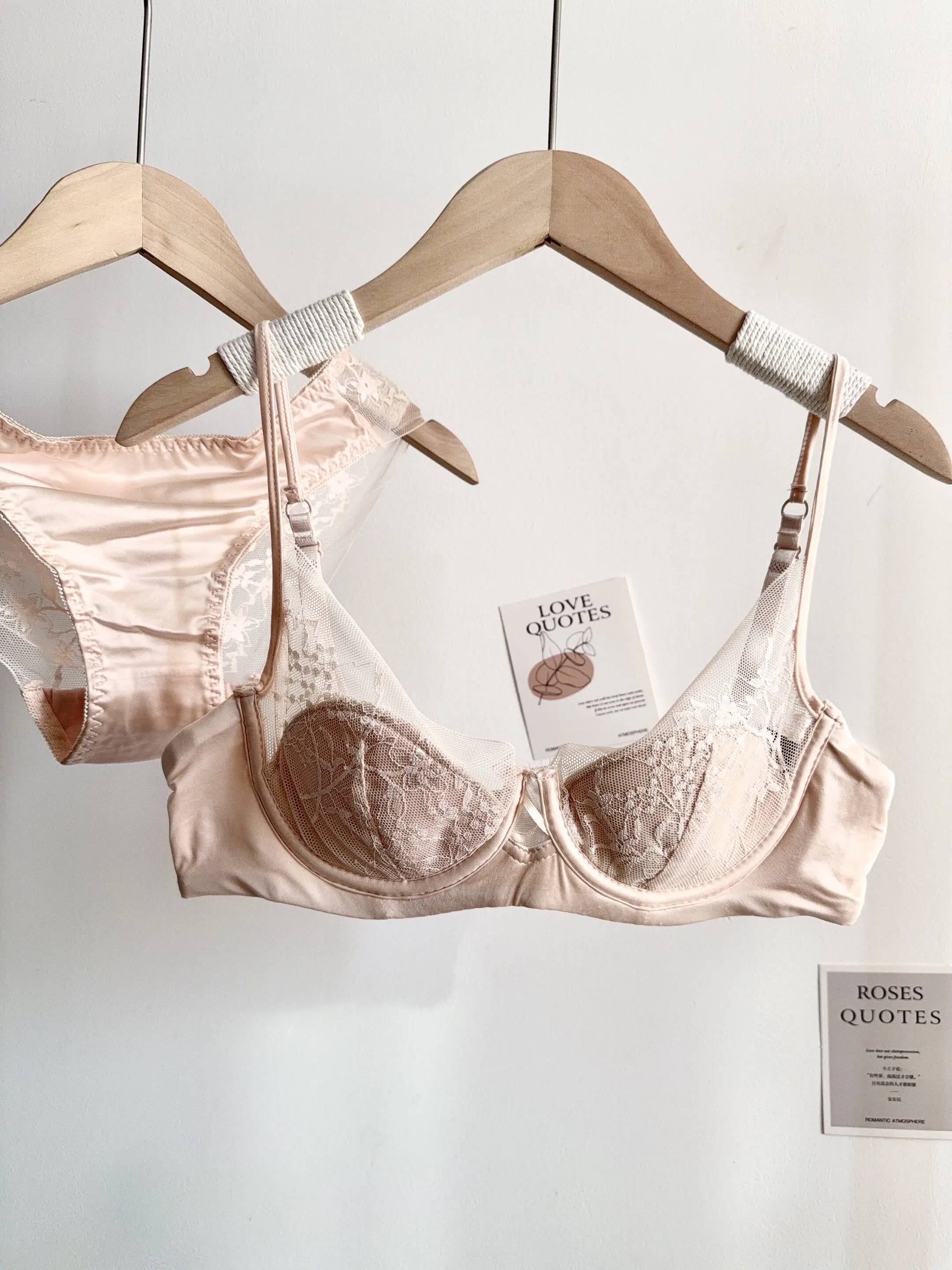 Conjunto de Lencería de Encaje Cómodo para Mujer, Sujetador con Aros Suaves, Copa Delgada, Push-Up, Transpirable, Ropa Interior para Mujeres con Busto Pequeño