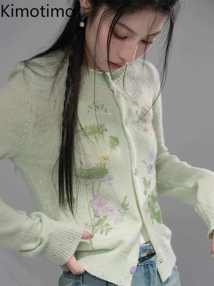 Kimotimo Knitted Cardigan Women Autumn New Green Print Single Breasted Long Sleeve Sweater Coat Vintage Y2k Fashion Casual Tops