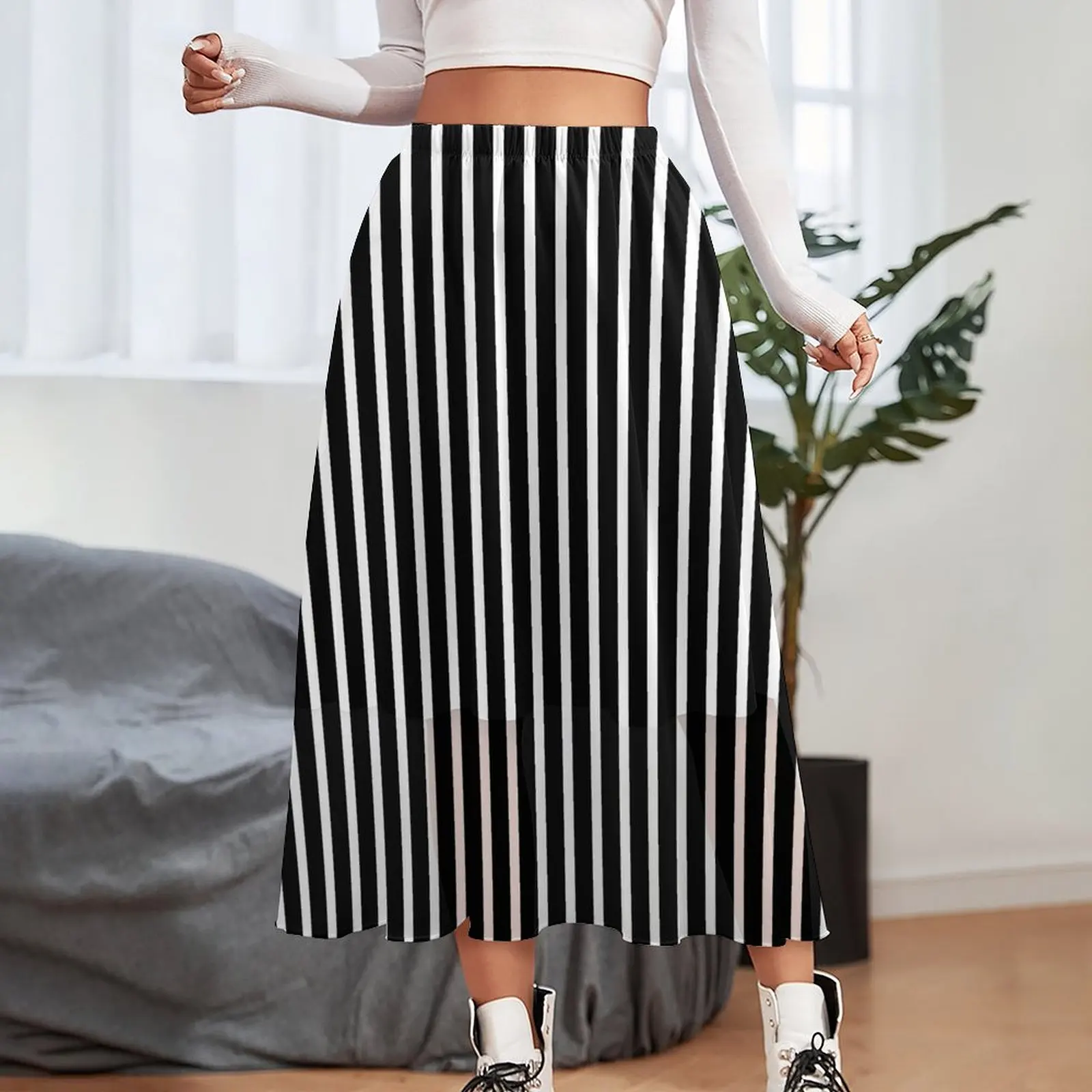 White Striped Chiffon Skirt Abstract Art Print Korean Fashion Casual Skirts Women Modern A-line Skirt Bottoms Birthday Gift