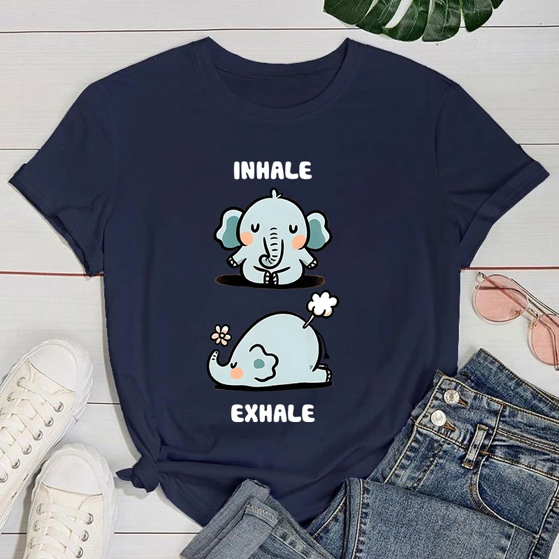 Camiseta feminina Inhale Exhale estampada de manga curta, camiseta casual verão, tops criativos, moda ioga