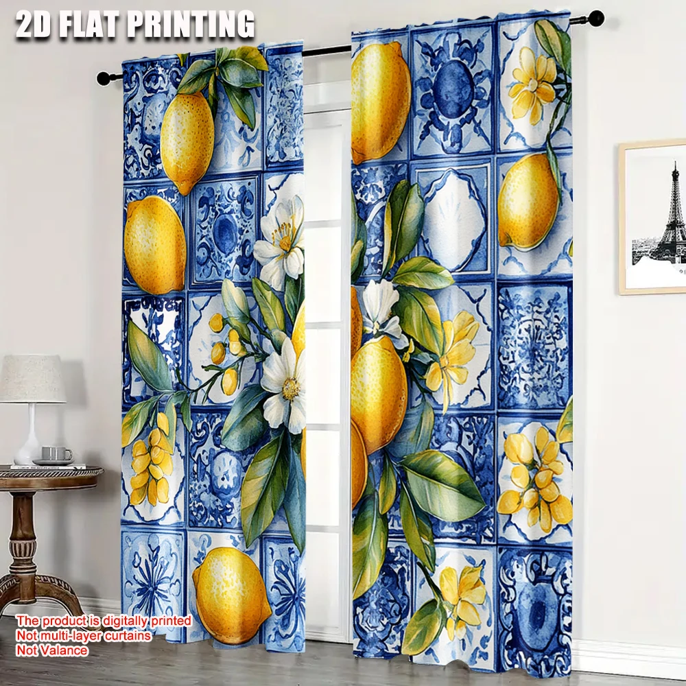 

2pcs, Curtain Popular 2D print Blue Tile Vintage Lemon & Jasmine Floral Pattern Durable Polyester (without rod) Outdoor