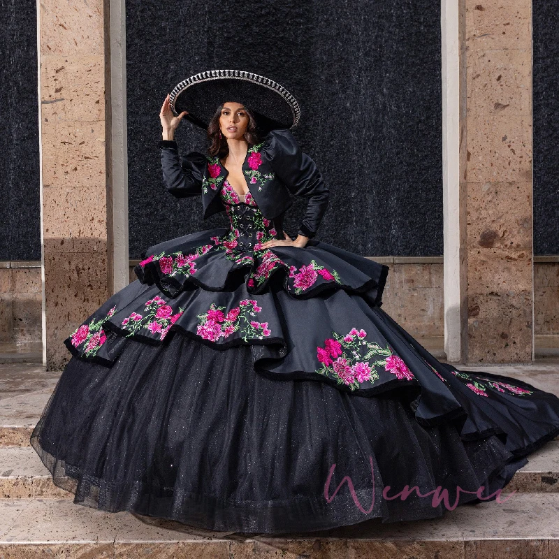 فساتين Quinceanera اللامعة باللون الأسود اللامع مع سترة ثلاثية الأبعاد مزينة بالزهور مشد مخصص فيستدوس دي 15 سنة كوينسيا