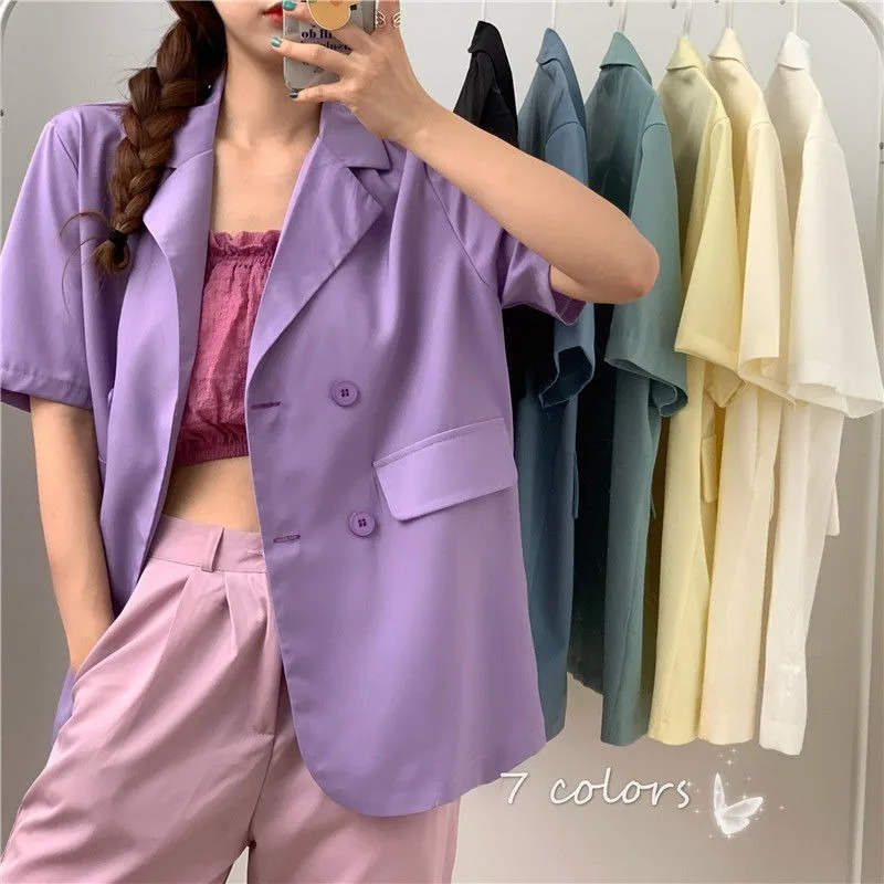 

New Fashion Women Summer Short Sleeve Blazer Plus Size Korean Loose Double Breasted Jacket, Thin Casual All Match Chic Outerwear