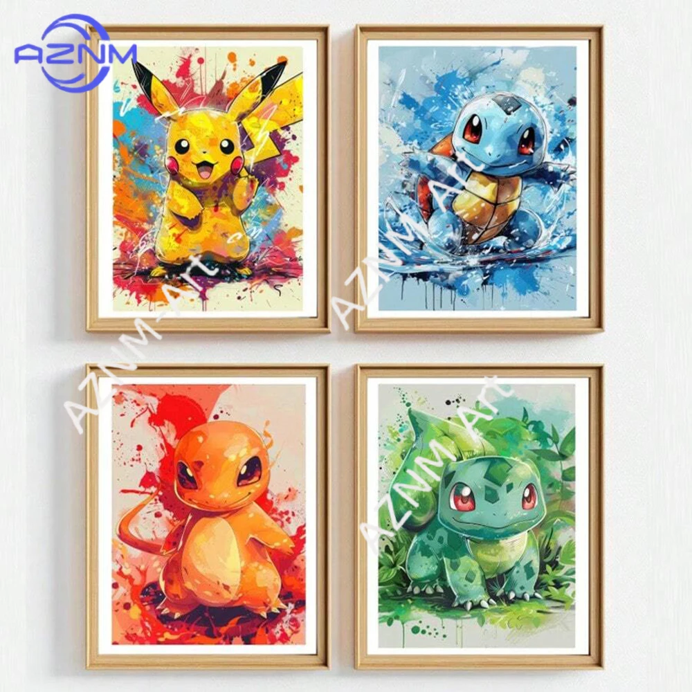Affiche Anime Pokemon Pikachu Charmander Bulbasaur Squirtle, peinture sur toile HD, peinture murale pour la maison, le salon, cadeau pour enfants