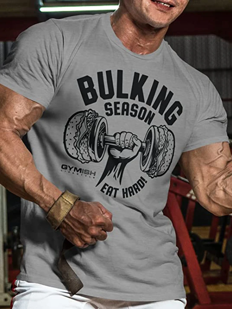 Bulking Season V2 Workout T-Shirt Funny Gym Shirts High Quality Cotton Casual Men Short Sleeves Top Muscle Man Tough Guy T-Shirt