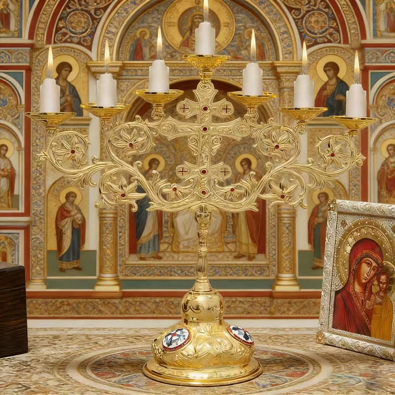 Neuer 2026 Eleganter Vergoldeter Orthodoxer Siebenarmiger Kerzenleuchter mit Roten Akzenten für Gottesdienste und Heimische Andachtsräume – Detail 8