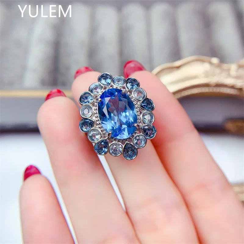 Super Big Gemstone Ring,Oval Cut 10x14mm Blue Topaz Silver Gemstone Ring for Party Design with Gift Box