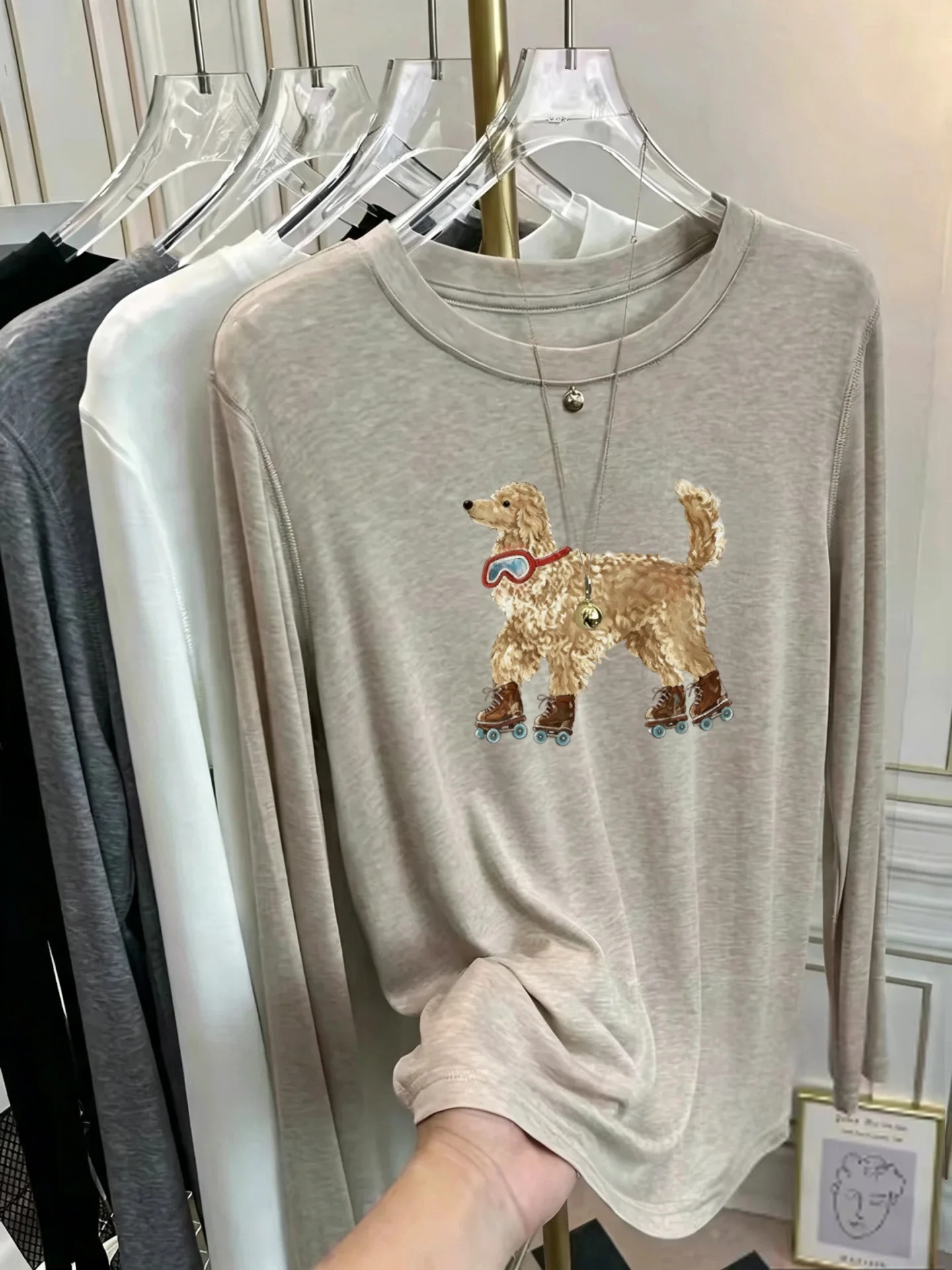 Korean Style Women's Long Sleeve T-Shirt Soft Sunscreen Print Thin Mask Base Shirt Early Autumn Fashionable Cotton Tee