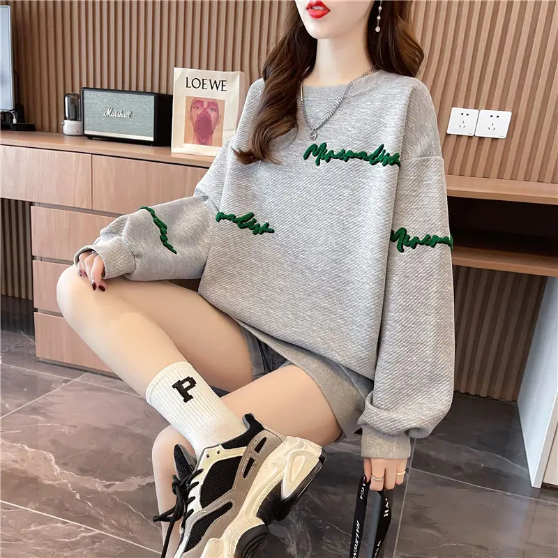 2022 New Casual Embroidery Letter Sweatshirts Women Classic Long Sleeve Loose Fashion O-collar Comfortable Pure Cotton Lady Top