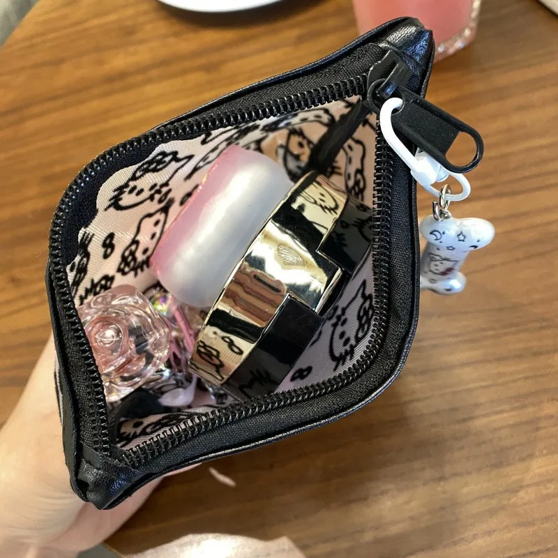Kawaii Lace Hello Kitty Cosmetic Bag Cute Vintage Coin Purse Black Mesh Storage Bag Portable Makeup Bag Gift image 4