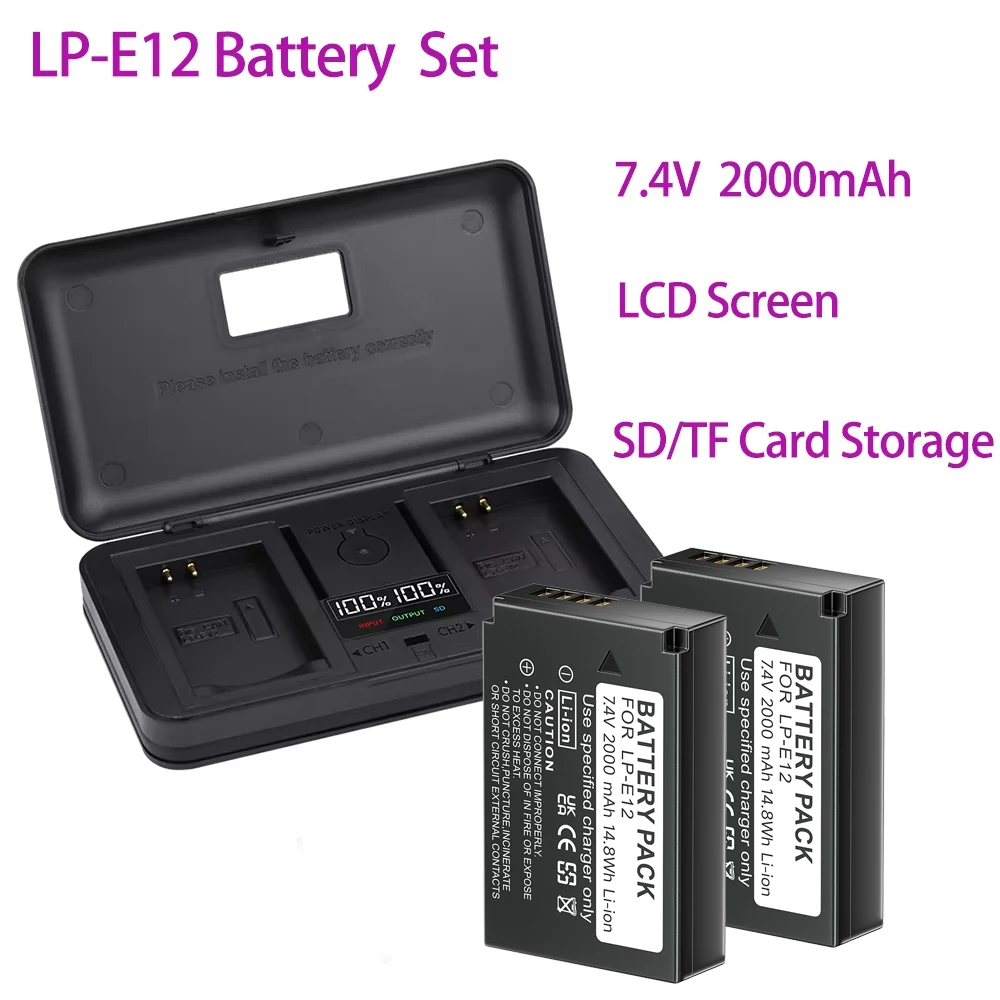 Batería LP-E12 LP E12 de 2000mAh + cargador LCD USB de 2 ranuras para Canon EOS M50 EOS M100 100D Kiss X7 Rebel SL1 LPE12 batería de cámara