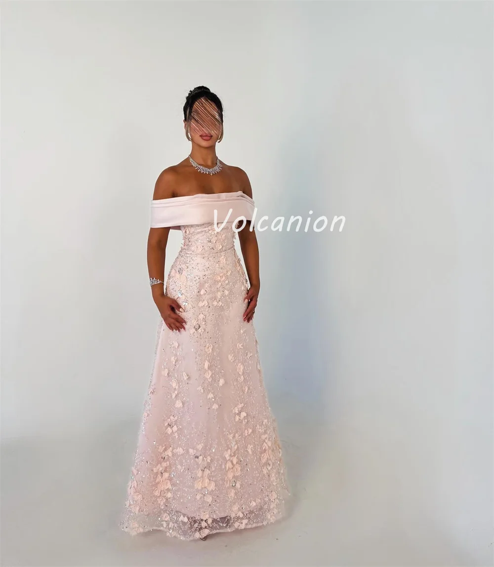 Customized High Quality Fashion Tulle Sequined Flower Pleat A-line Off-the-shoulder Long Dresses Bespoke Occasion Dresses Retro