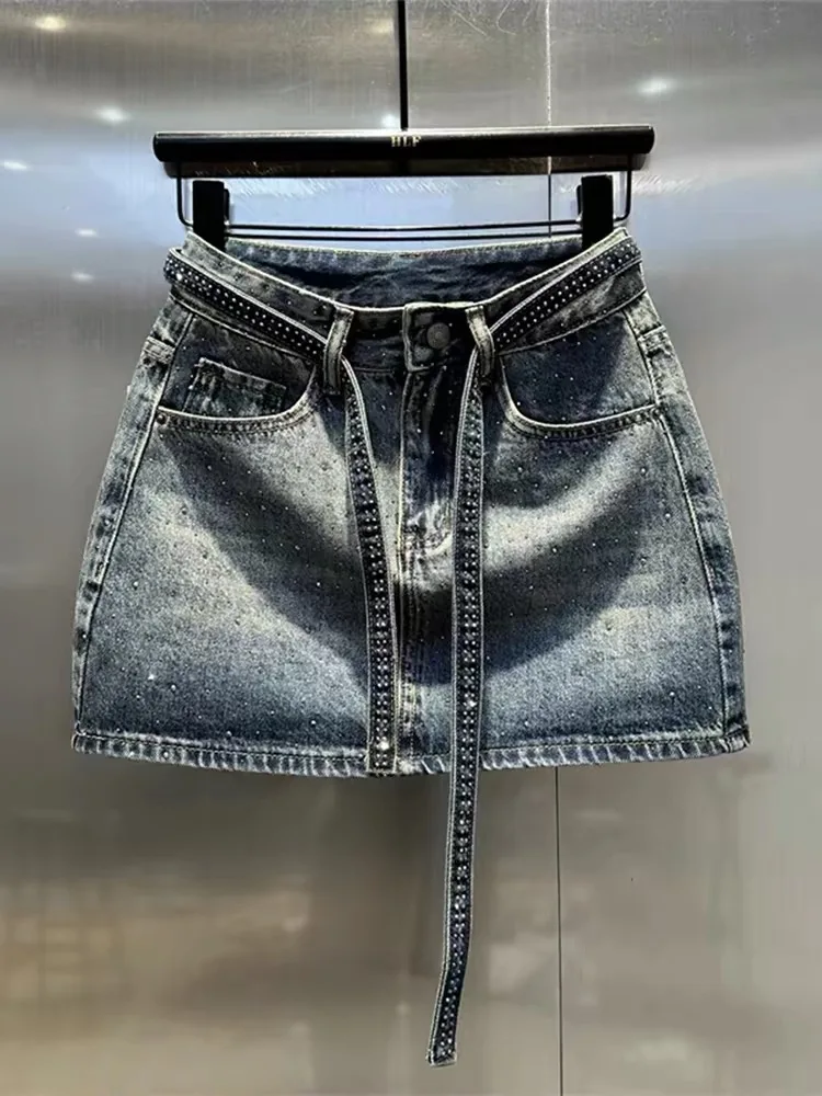 Sparkling Rhinestone Denim  Skirt High Waist A-Line Short Skirt Bodycon Slimming Large Size Summer Trendy Spicy Girl