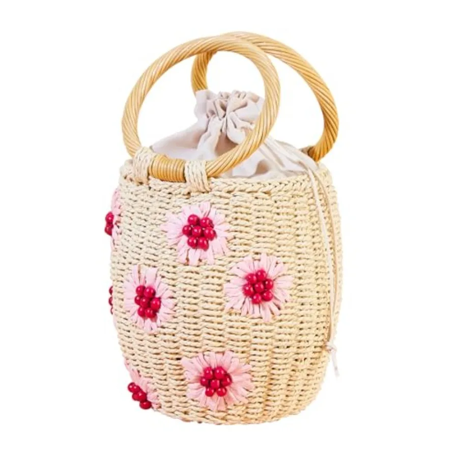 

Perls Rttn Tote Bg Summer Bech Drwstring Strw Bucet Bg Dimonds Woven Hndbg