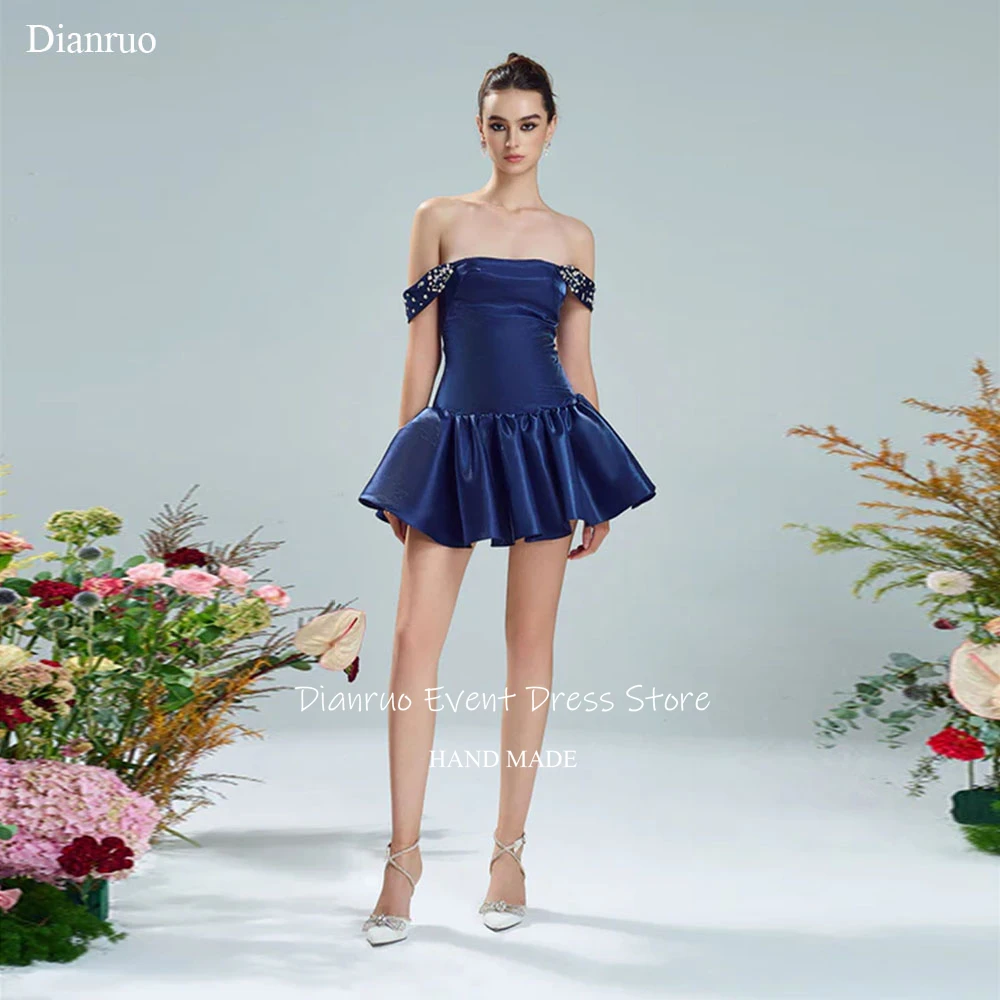 

Dianruo Navy Blue Sparkly Crystals Prom Dress Off Shoulder Mini A Line Party Gowns Satin Girly 15 Quinceanera Dresses Customized