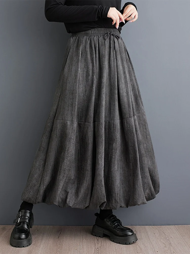 2026 Spring Autumn New Vintage High Waist Pleated Skirt Women Plus Size Fashion Drawstring Loose Casual Midi Skirts Clothing