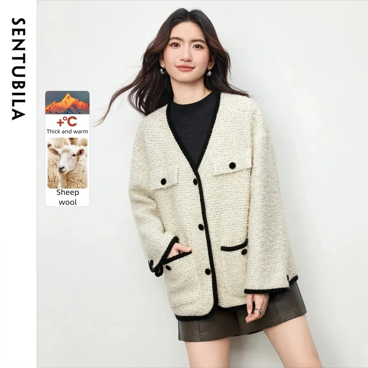 SENTUBILA Women's Elegant Coat Winter 2026 Dropped Shoulder Sleeve V-Neck Jacket Contrast Trim Loose Casual Outerwear 154WA2103