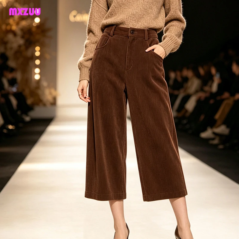 Genuine Leather Cropped Pants Autumn Women Sheepskin Suede Corduroy Embossed Mid High Waist Retro Casual 7/8 Length Trousers