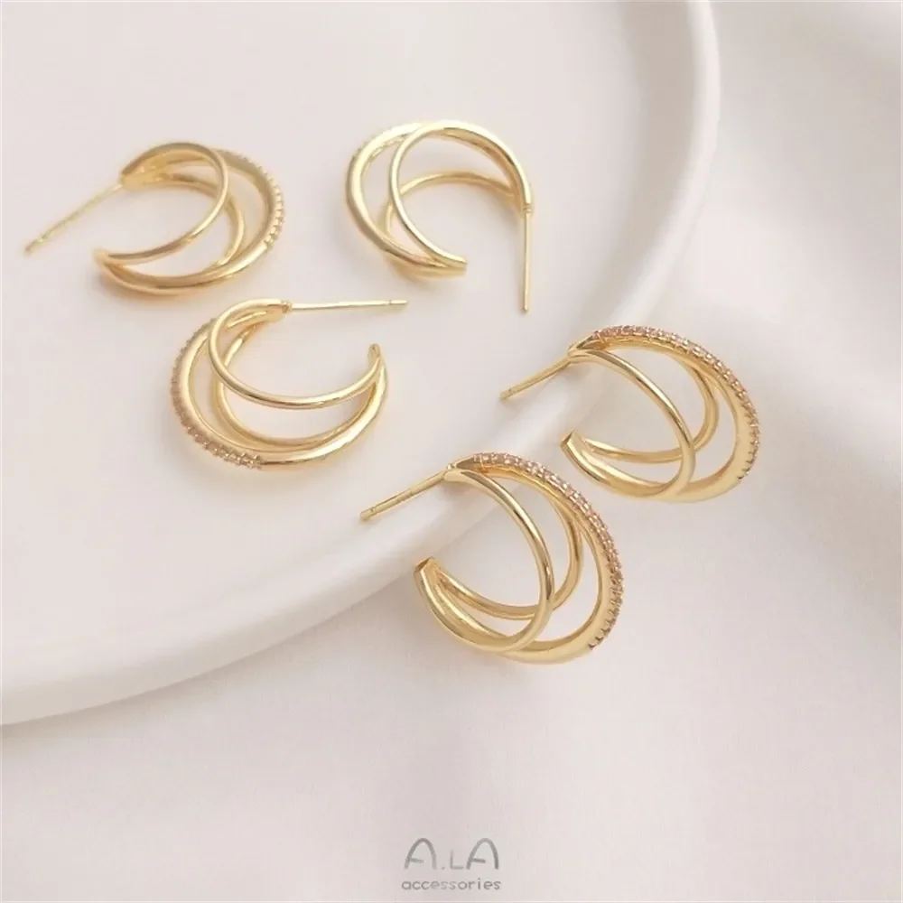 S925 Silver Needle 14K Package Gold Three Ring C-shaped Zircon Earrings Ring Earrings Fashionable and Trendy Korean Style E097