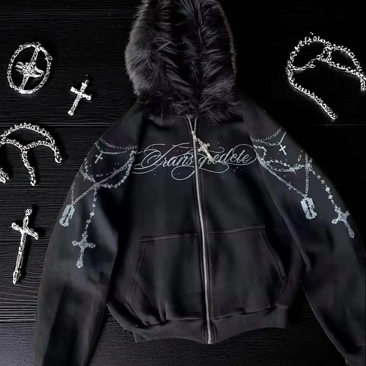 Sweat-shirt décontracté ample et polyvalent Y2K, nouveau sweat à capuche Harajuku en polaire épais avec col en fourrure et fermeture éclair pour femmes, style punk de rue, tendance chaude