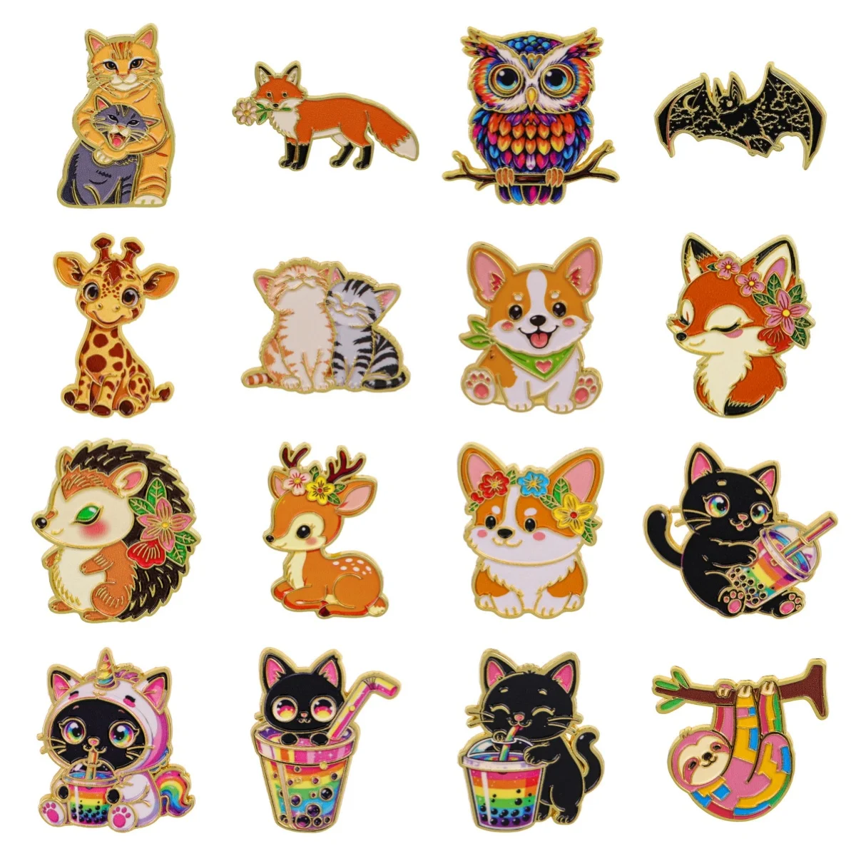 Cute Cartoon Animal Enamel Pin Fox Cat Owl Corgi Deer Bat Hedgehog Brooch Backpack Hat Clothes Pet Lovers Daily Gifts