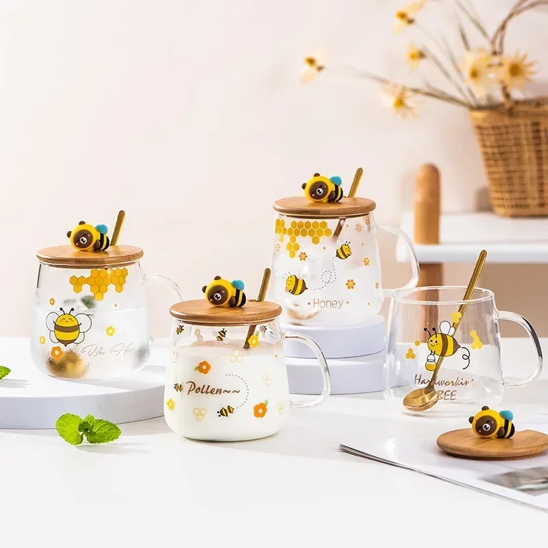 Bee Cartoon Glass Milk Spoon Cup Breakfast New Cup Year Mugs Cups Coffee Mug Beautiful Mugs Tea Mug With Lid Drinkware Original