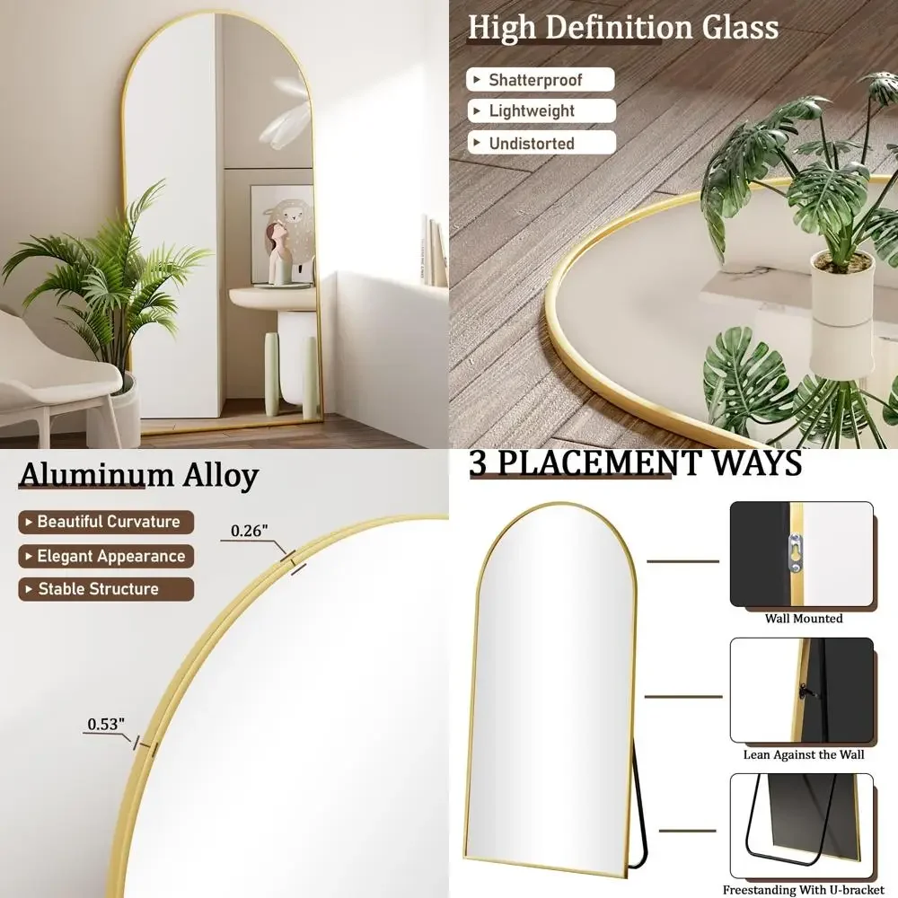 กระจกตั้งพื้นทรงโค้งสีทองเต็มตัวพร้อมขาตั้งสำหรับห้องนั่งเล่น - กระจกตั้งพื้นแบบเต็มตัวที่ดูหรูหรา