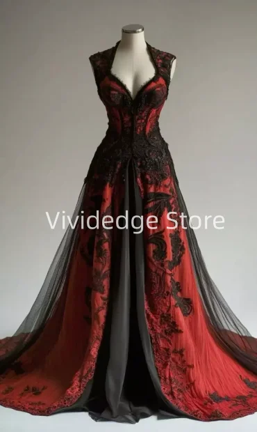 Customized  2027 Black Red Gothic Wedding Backless Lace A-line V Neck Lace Appliqued Bridal Gowns Prom Dresses