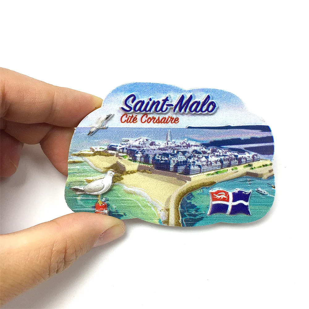 

3D Resin Fridge Magnet – Saint-Malo, France (Pirate City) with 3D Seagulls, Lighthouse, Flag, & Cityscape