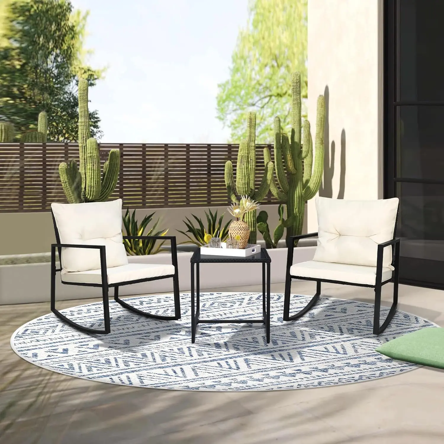 3 Piece Outdoor Rocking Bistro Set Black Wicker Furniture Porch Chairs Conversation Sets with Glass Coffee Table, Beige