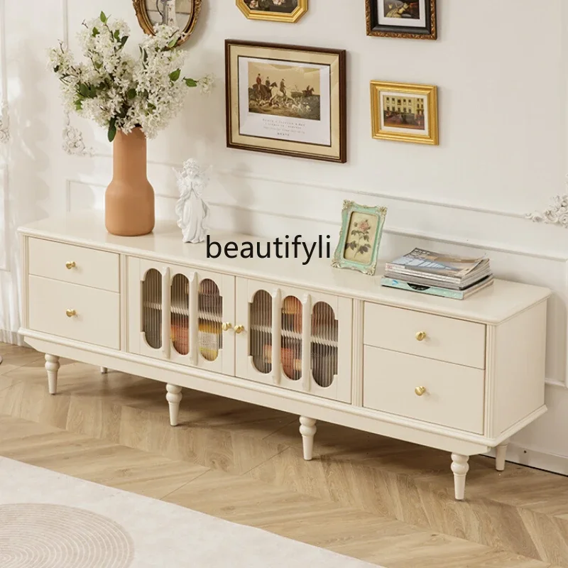 

French cream wind TV cabinet coffee table combination all solid wood American light luxury pure log living room