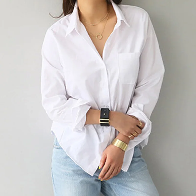 New Casual Ladies Blouse Cotton White Shirt Women Fashion Long Sleeve Clothes Button Up Loose OL Style Women\'s Tops Blusas 3496