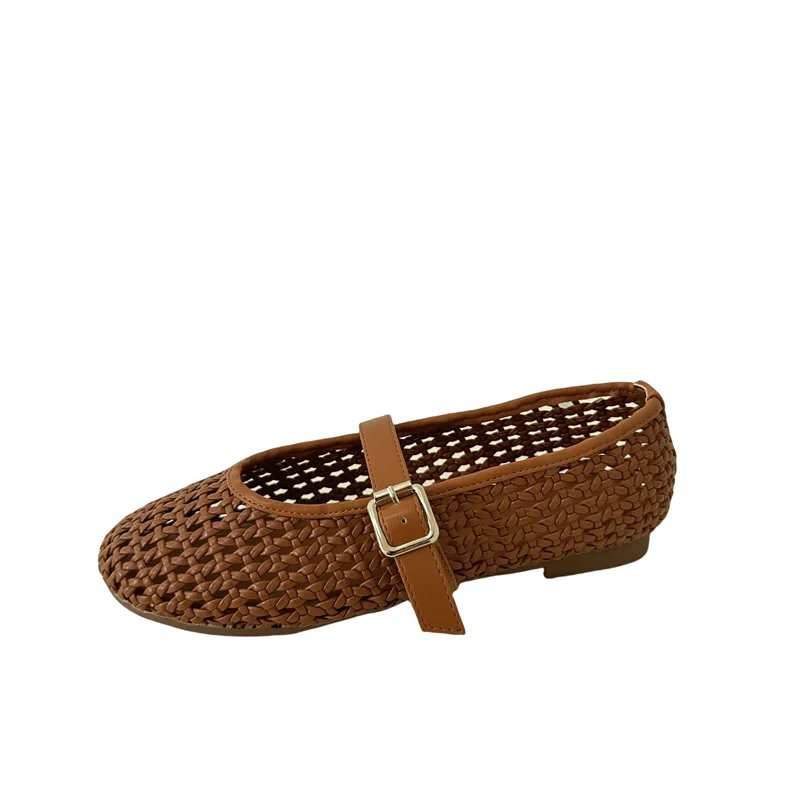 brown-flats-shoes-woman-round-toe-weave-hollow-out-ballet-flats-summer-low-heel-pumps-leisure-ladies-buckle-shoes-plus-size-43