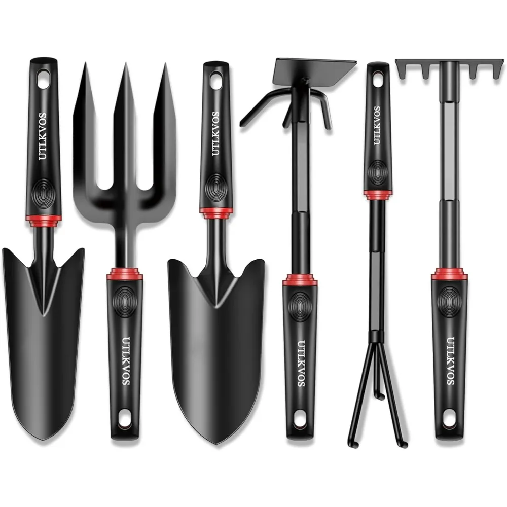 Gardening Tools Set, 6 Pieces Heavy Duty Rust-Proof Gardening Tool Kit, Ergonomic Soft Rubber Handles, Includes Trowels, Rakes