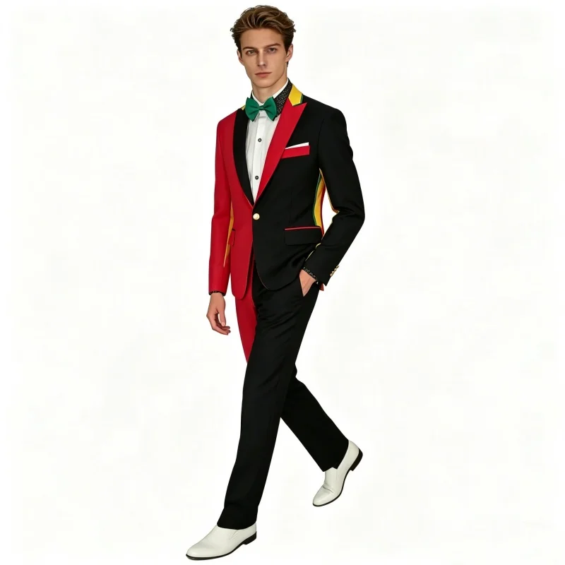 Irregular Color Patchwork 2 Piece Outfit Wedding Party Singer Host Blazer Pants Set Slim Fit Nightclub Stage Performance Tuxedo