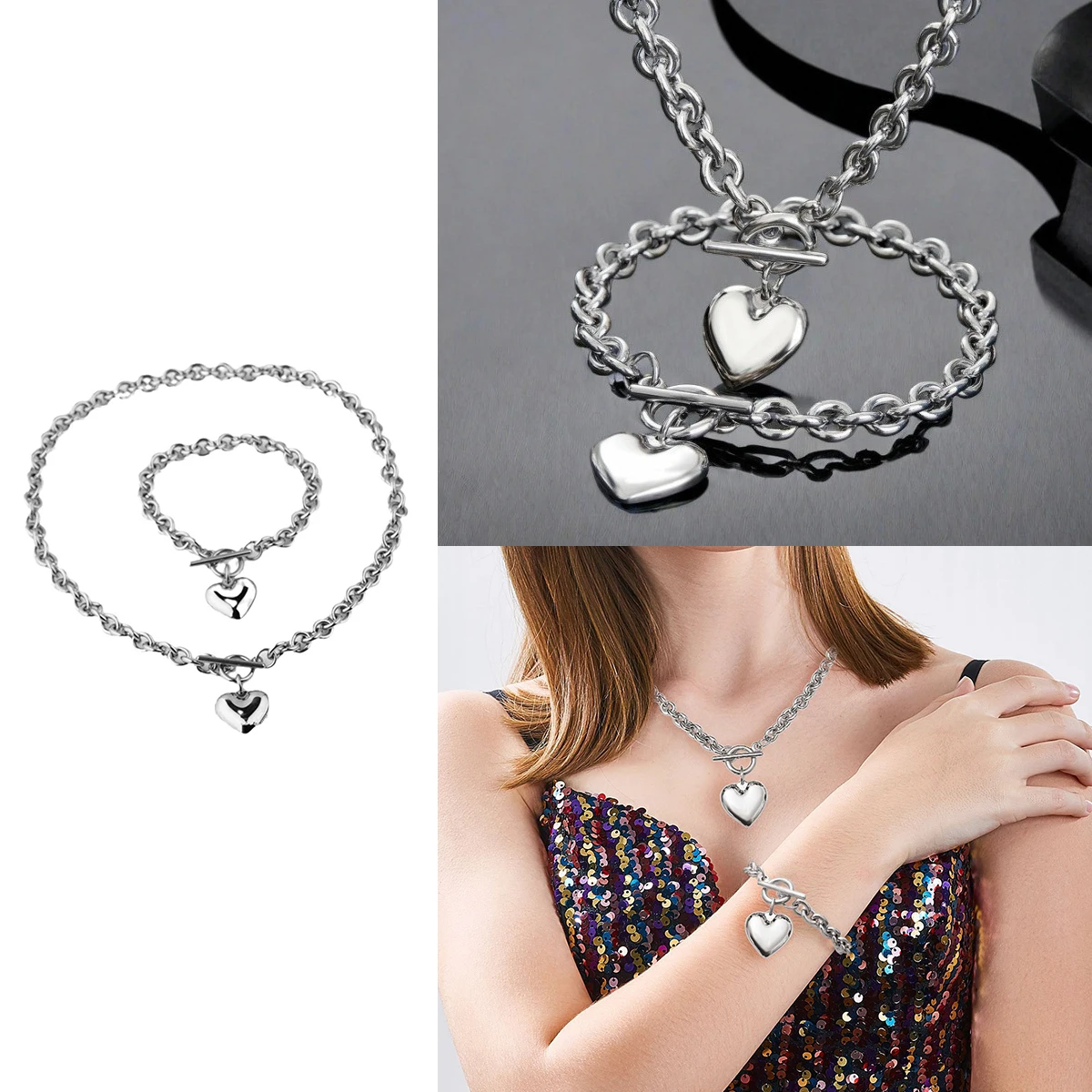 

1 Set Women's Necklace Jewelry Set Necklace Bracelet With Heart Clasp