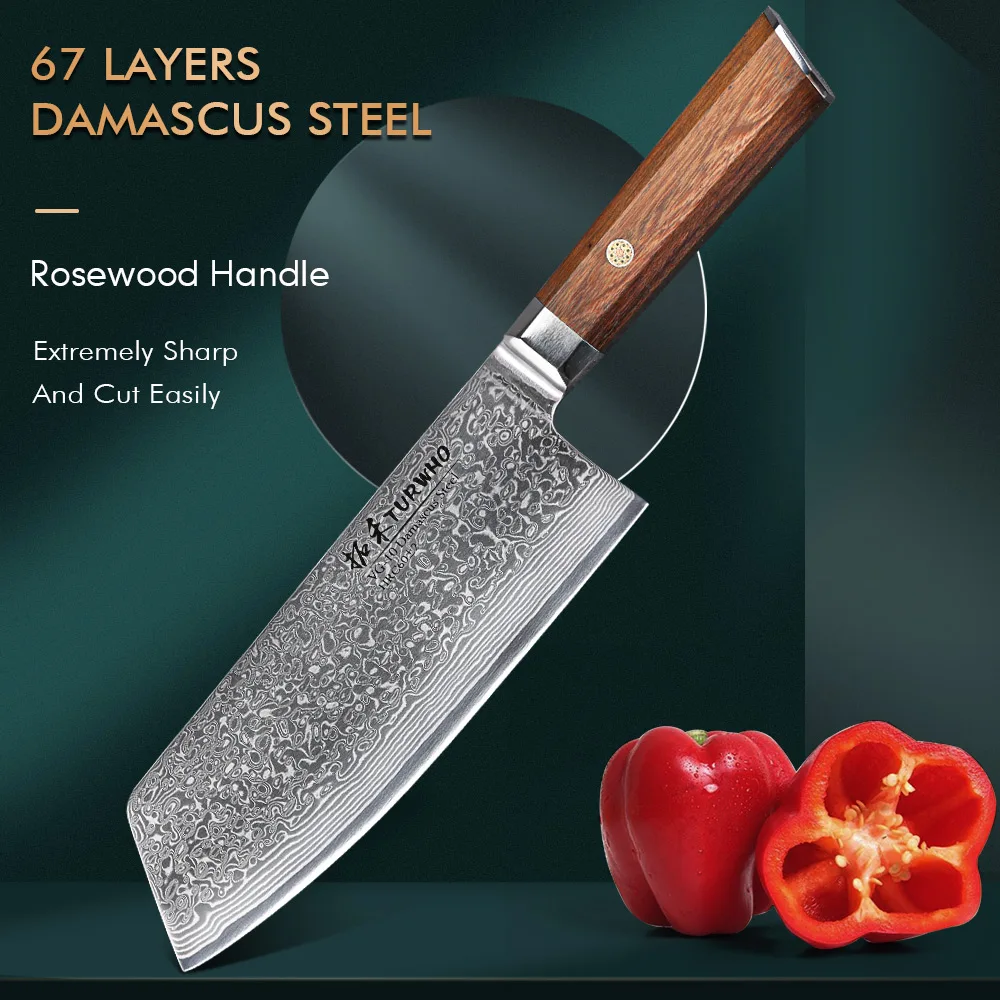 

TURWHO 7.5 Inch Cleaver Chef Knife 67 Layer Damascus Steel VG10 Core Sharp Slicing Meat Butcher Knife Octagonal Rosewood Handle