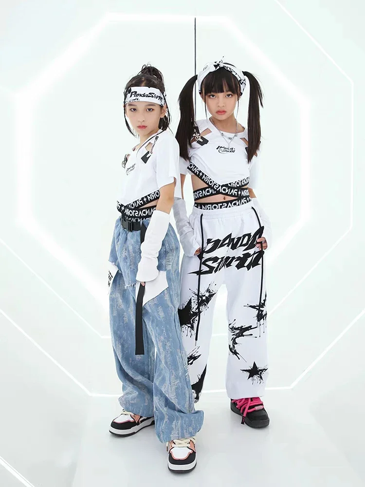 Jazz Dance Costume for Girls White Black Crop Tops Fashion Pants Hip-Hop Performance Clothes Teenagers Kids Street Dance Outfit