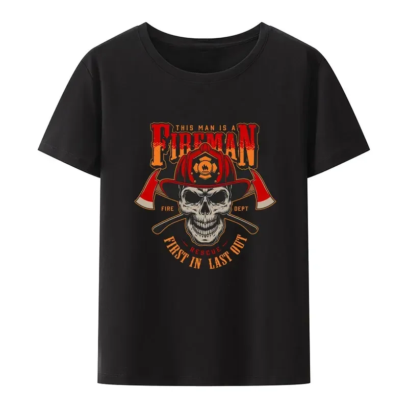 Retro Firefighter Labels Concept with Letterings Crossed Axes Fireman Skull In Helmet Illustration Modal T Shirt Creative Tops