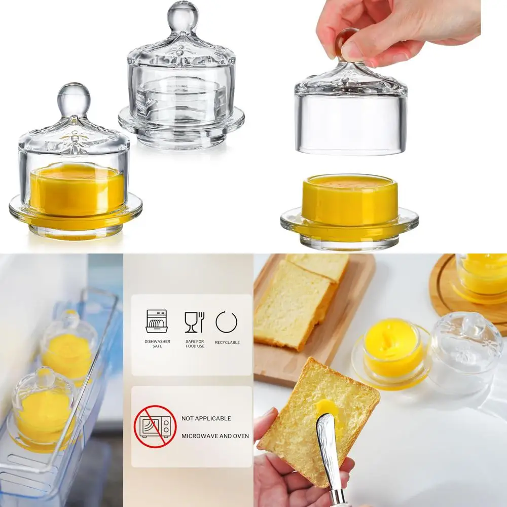 

2 pack clear glass butter dish with lid for countertop, small round glass butter dish with cover for refrigerator, cute crystal