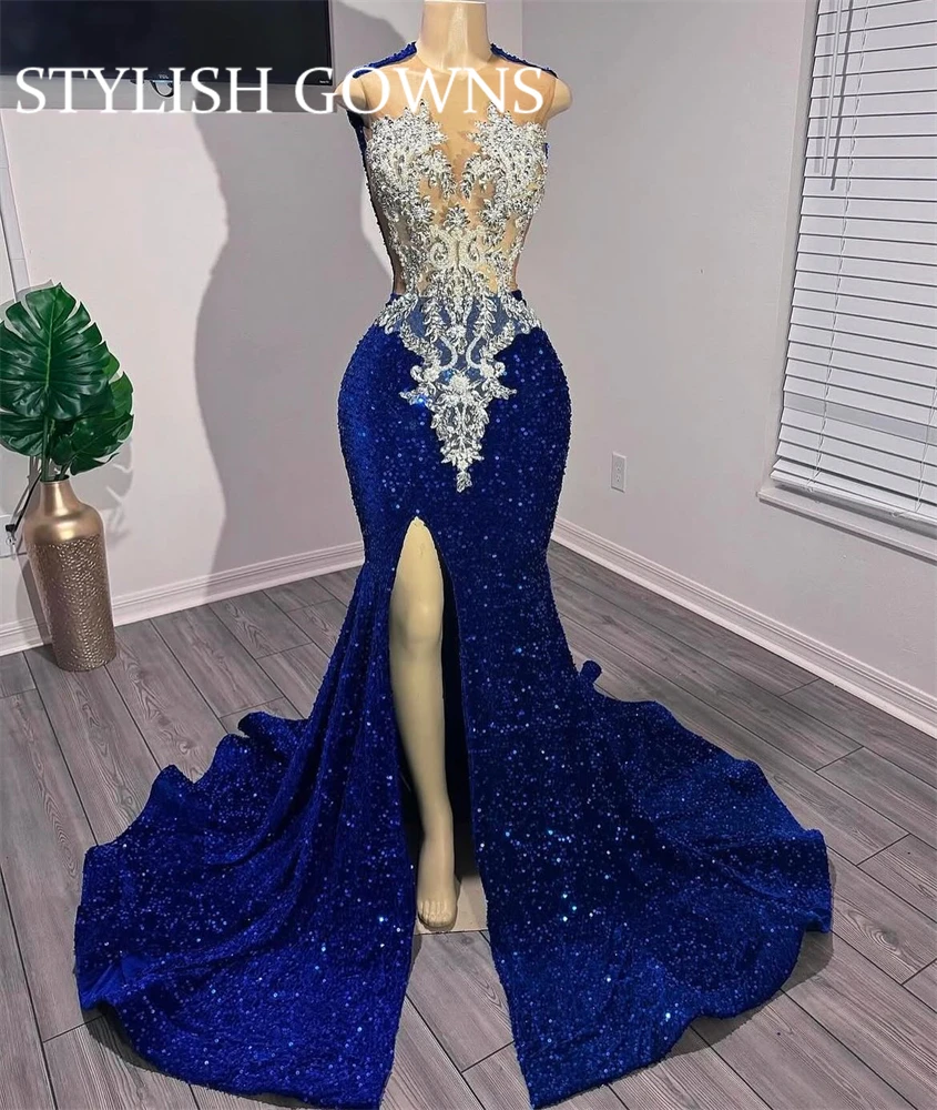 

Royal Blue Luxury Prom Dresses Black Girls Crystal Beading Elegant Party Dress Mermaid Sequined Formal Gowns Customized