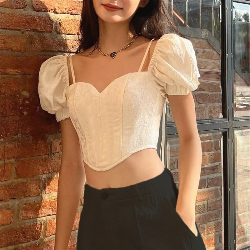 WhereMery Sexy Puff Short Sleeve Crop Top Women Lace Up Ruched Irregular T Shirt Streetwear Y2K Aesthetic Girl Party Tee