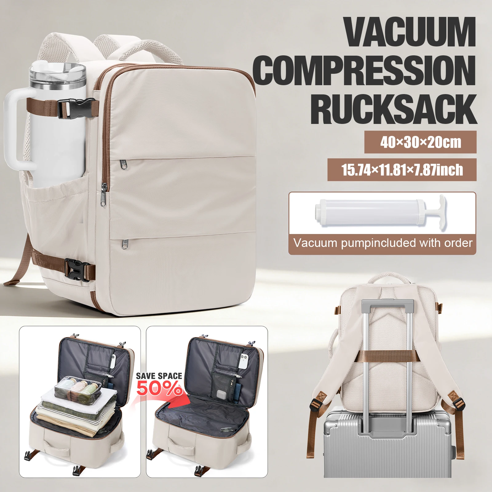 

Travel Backpack for Women Vacuum Backpack with Manual Pump, Ryanair Hand Luggage 40x30x20, Bags for Man, Large Laptop Work Bag