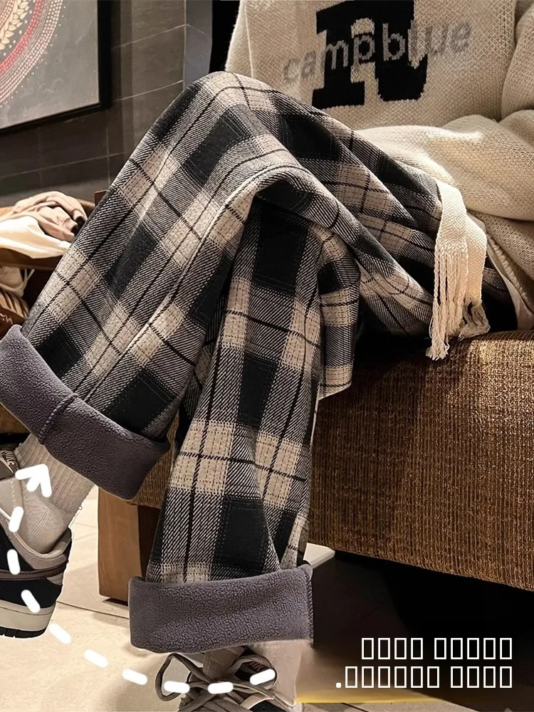 

Lamb Velvet Plaid Men's Winter Thiened Fce Straight Leg Cotton Pants American High Street Loose Fit Long Trousers