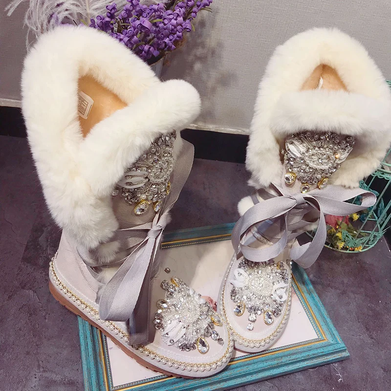 New Rhinestone Warm Snow Boots For Women Real Fur Ankle Boots Women Handmade Comfortable Suede Winter Shoes Women Botas de mujer