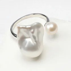 Aurora Bright White Natural Irregular Shaped Baroque Freshwater Akoya Double Pearl Ring S925 Sterling Silver Adjustable Opening