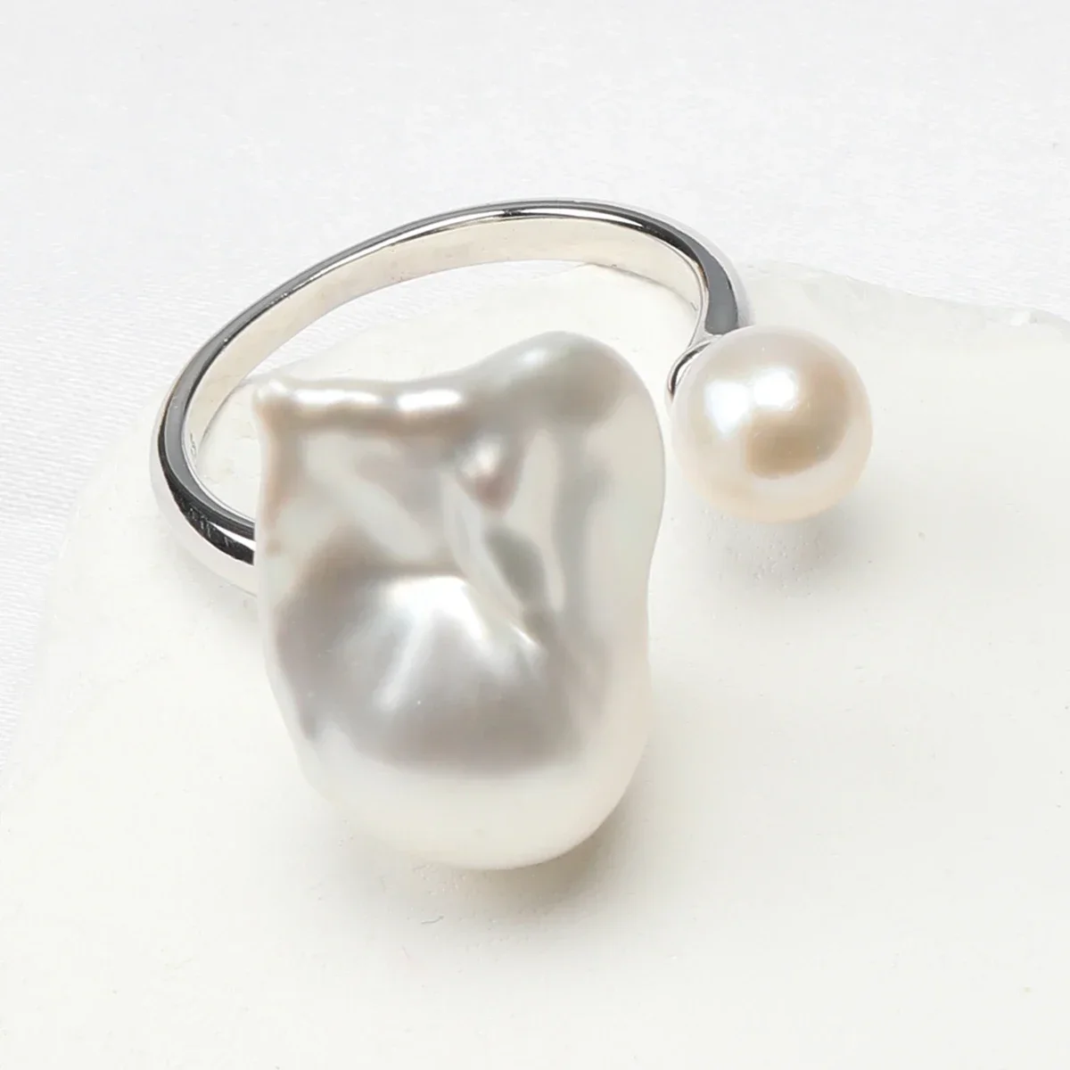 Aurora Bright White Natural Irregular Shaped Baroque Freshwater Akoya Double Pearl Ring S925 Sterling Silver Adjustable Opening
