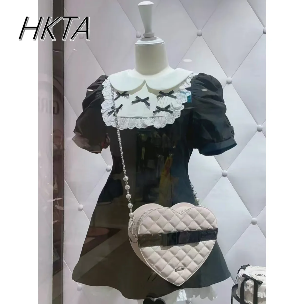 

Japanese Style Mines Commuter Sweet Bow Slim Pleated Bubble Short Sleeve Dress Lace Shorts Black White Dress Shorts Suit Women