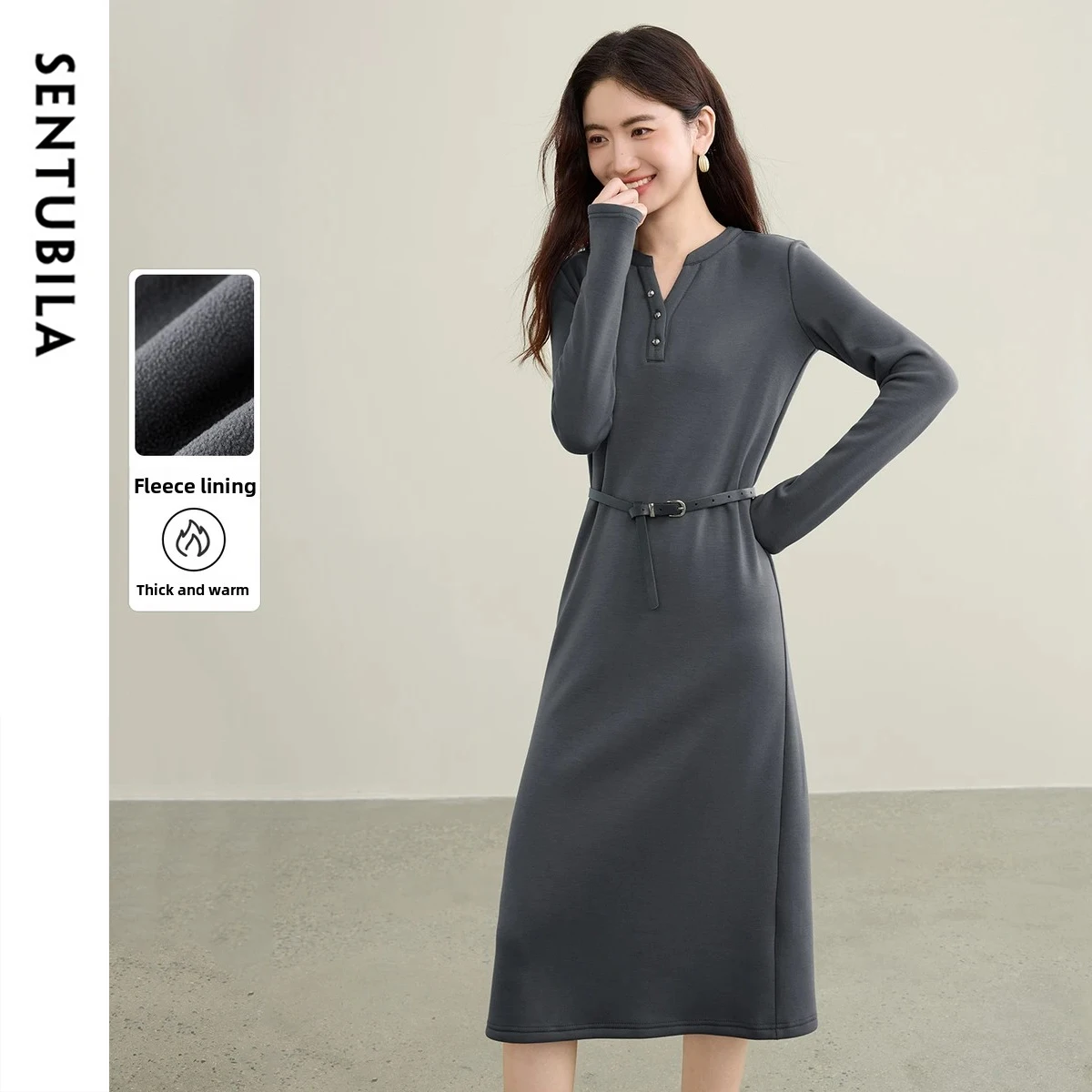 

SENTUBILA Knitted Long Dress for Woman Solid V-neck Long Sleeve Dress Detachable Belt Warm 2025 Autumn Women Clothing 153LL3084