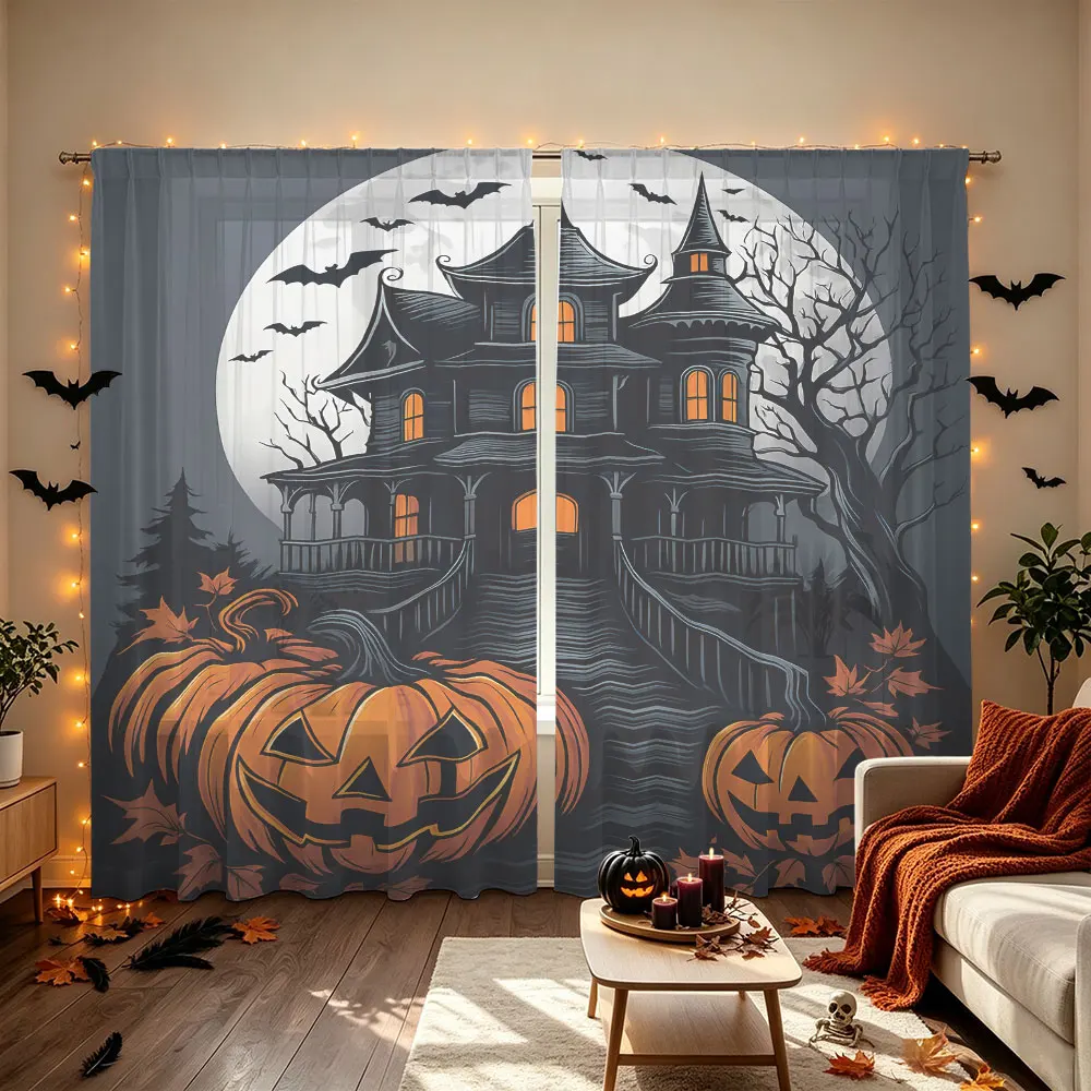 2Pcs Halloween Haunted House Pumpkin Bat Rod Pocket Curtains Double Panel Window Curtain Living Bedroom Horror Halloween Deco